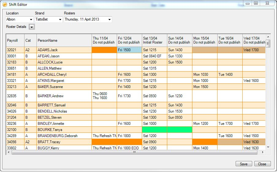 The admin side of a rostering app showing the staff allocation for a week