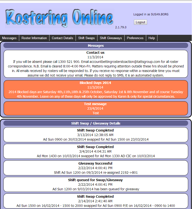 rostering app I wrote. This is the client side showing upcoming events